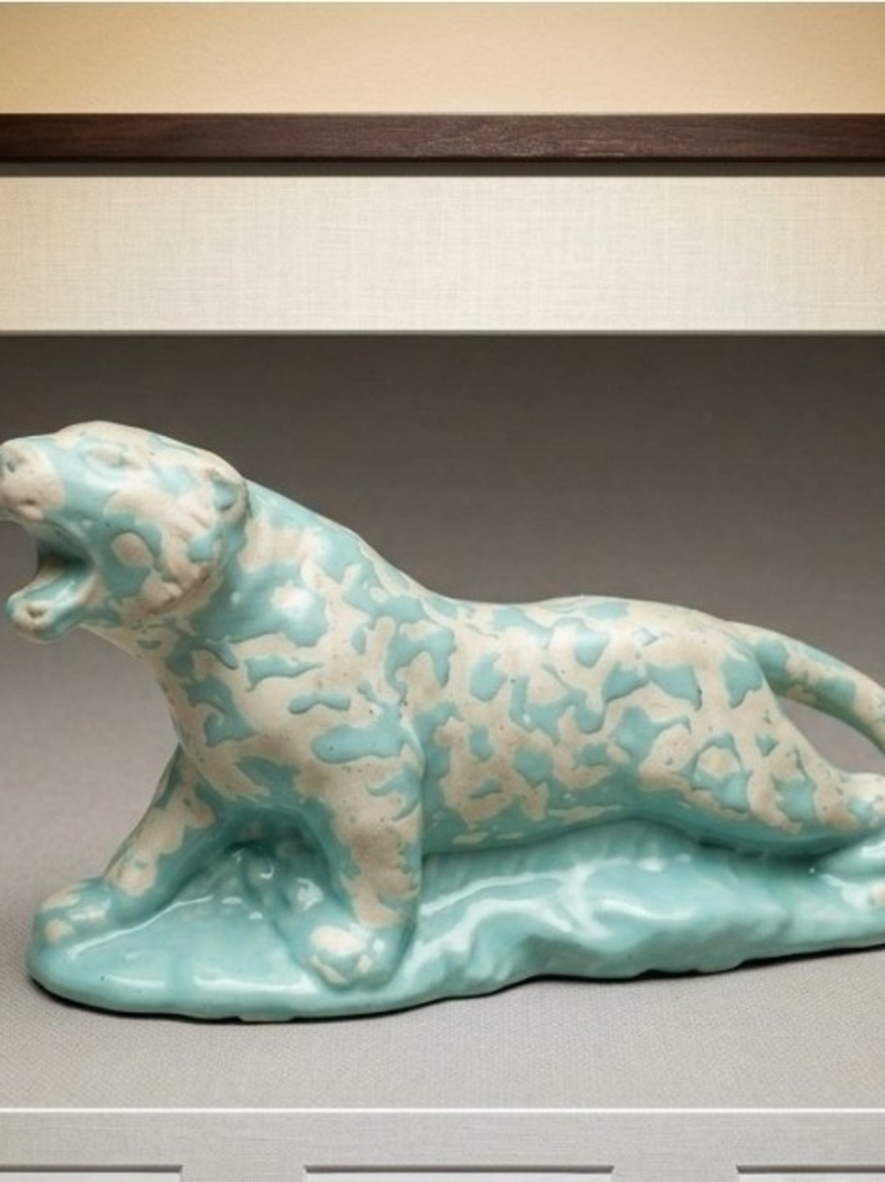 Vtg Roaring Tiger Teal Glazed TV Console Planter Ceramic MCM Exotic Cat 9.5 x 6"